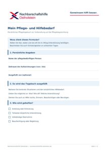 Erste Seite: Mein Pflege- und Hilfebedarf – persönliches Pflegetagebuch